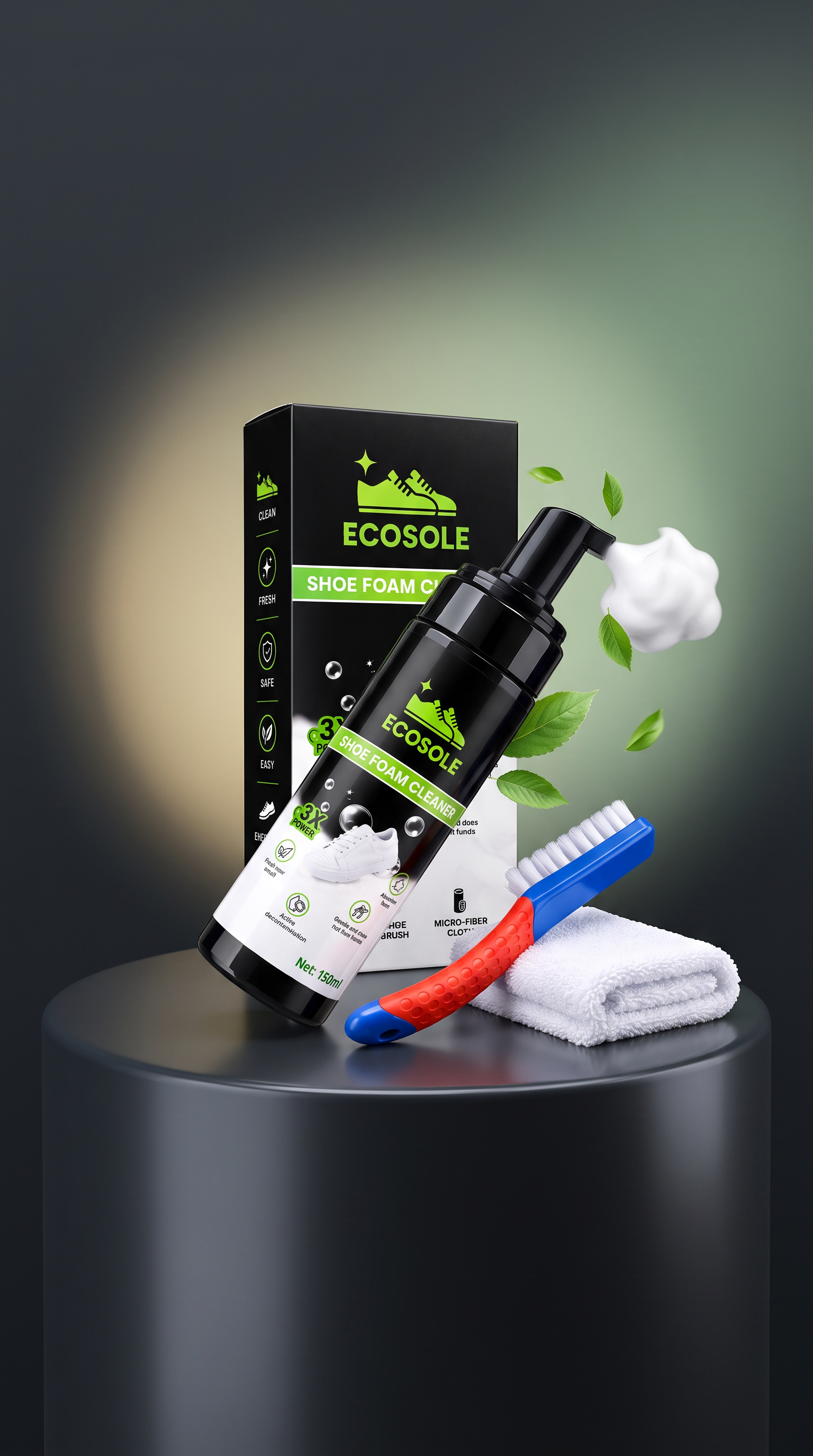 ECOSOLE waterless shoe cleaning foam with brush and microfiber cloth